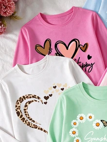 SHEIN 女童 5 件組字母愛心花卉印花長袖上衣，日常休閒，粉藍色，秋季服飾 - 彩色 - 查看 4