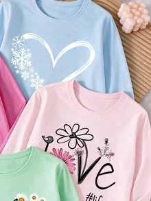 SHEIN 女童 5 件組字母愛心花卉印花長袖上衣，日常休閒，粉藍色，秋季服飾 - 彩色 - 查看 3