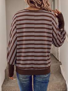 SHEIN LUNE 蝙蝠袖休閒衛衣，畢業季、教師節、返校季秋冬女款長袖上衣，棕藍條紋衛衣，休閒簡約復古優雅通勤百搭舒適，女款秋季服飾，秋季穿搭，女款通勤穿搭，百搭上衣，外出穿搭，機場穿搭 - 彩色 - 查看 2