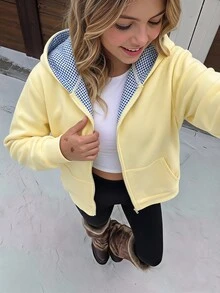 SHEIN 青少年女孩秋季藍色格紋印花街頭風休閒寬鬆舒適連帽開襟衛衣 秋冬款 適合度假派對海灘 - 黃色 - 查看 4