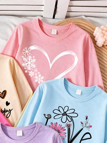 SHEIN Young Girls Fall Casual Long Sleeve Sweatshirts 5 Pcs, Letter & Heart Print Everyday Tops - Multicolor - View 4