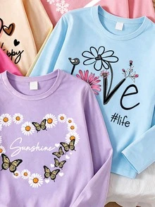 SHEIN Young Girls Fall Casual Long Sleeve Sweatshirts 5 Pcs, Letter & Heart Print Everyday Tops - Multicolor - View 5