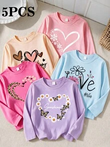 SHEIN Young Girls Fall Casual Long Sleeve Sweatshirts 5 Pcs, Letter & Heart Print Everyday Tops - Multicolor - View 3