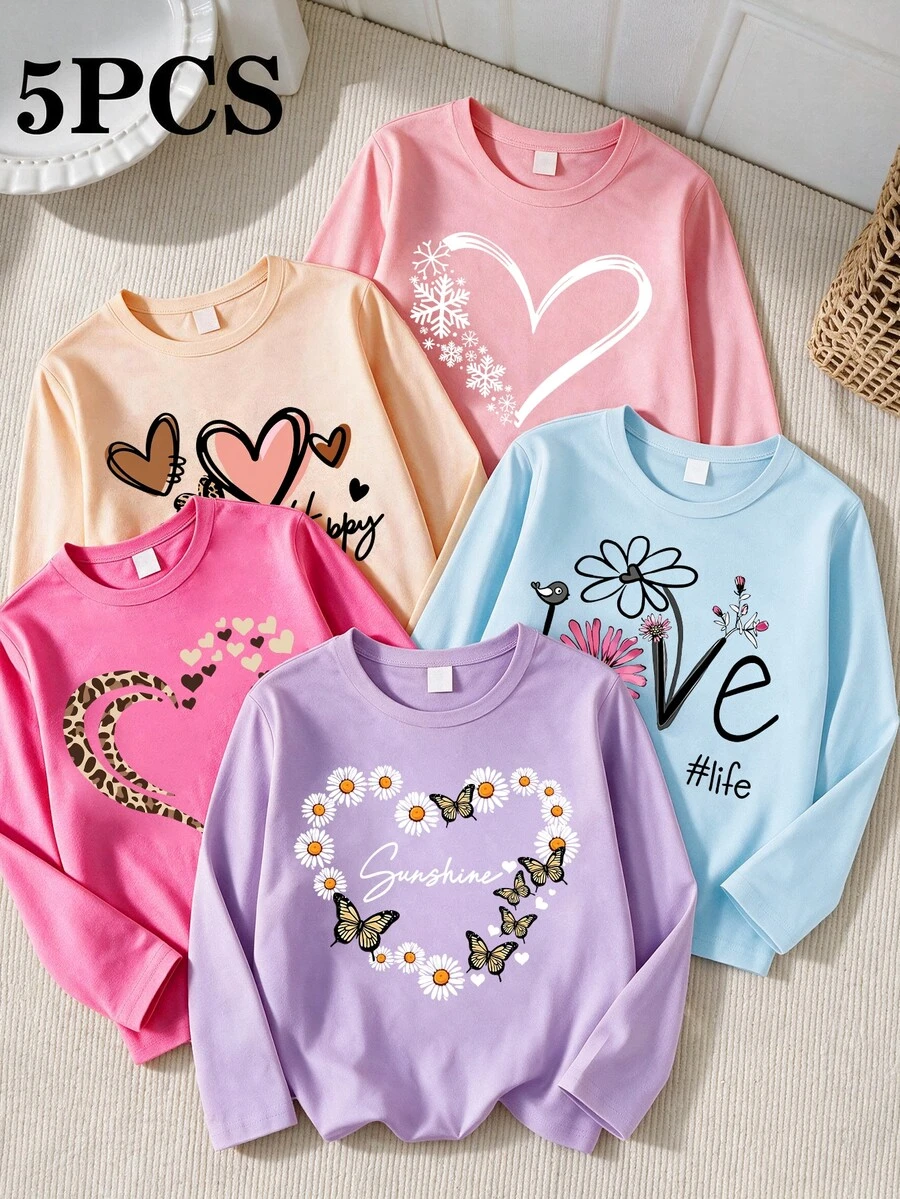 SHEIN Set 5 Potong Kaos Lengan Panjang Kerah Bulat Motif Huruf, Hati, Kepingan Salju, Bunga, dan Kupu-kupu untuk Anak Perempuan, Atasan Musim Gugur - MultiWarna - View 1