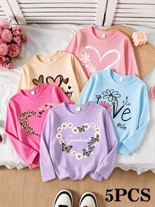 SHEIN Young Girls Fall Casual Long Sleeve Sweatshirts 5 Pcs, Letter & Heart Print Everyday Tops - Multicolor - View 1
