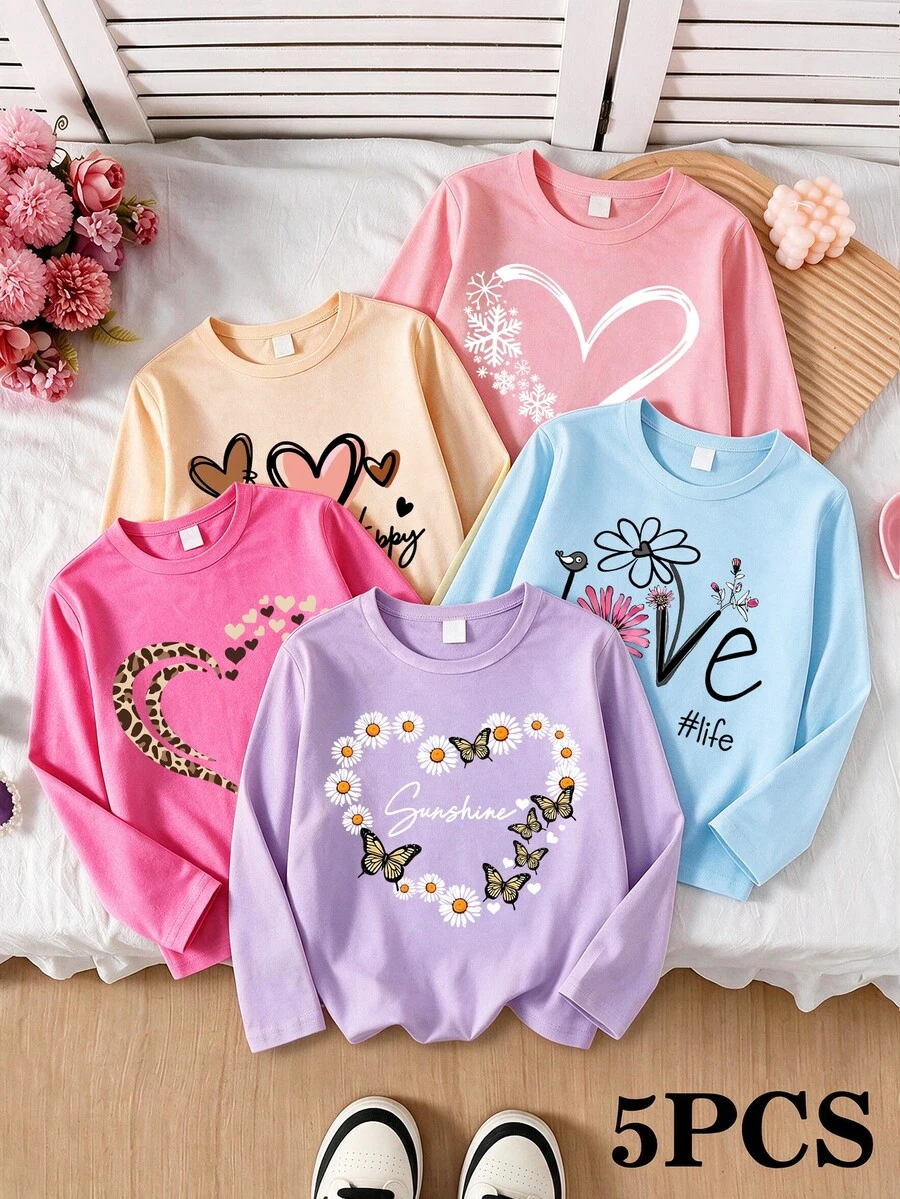 SHEIN Young Girls Fall Casual Long Sleeve Sweatshirts 5 Pcs, Letter & Heart Print Everyday Tops - Multicolor - View 1