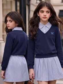 SHEIN Young Girls Casual Cute Matching College Style Spring/Autumn New Bowknot Striped Solid Color Long Sleeve 2 In 1 Sweatshirt + Pleated Skirt Set - Blue - View 1