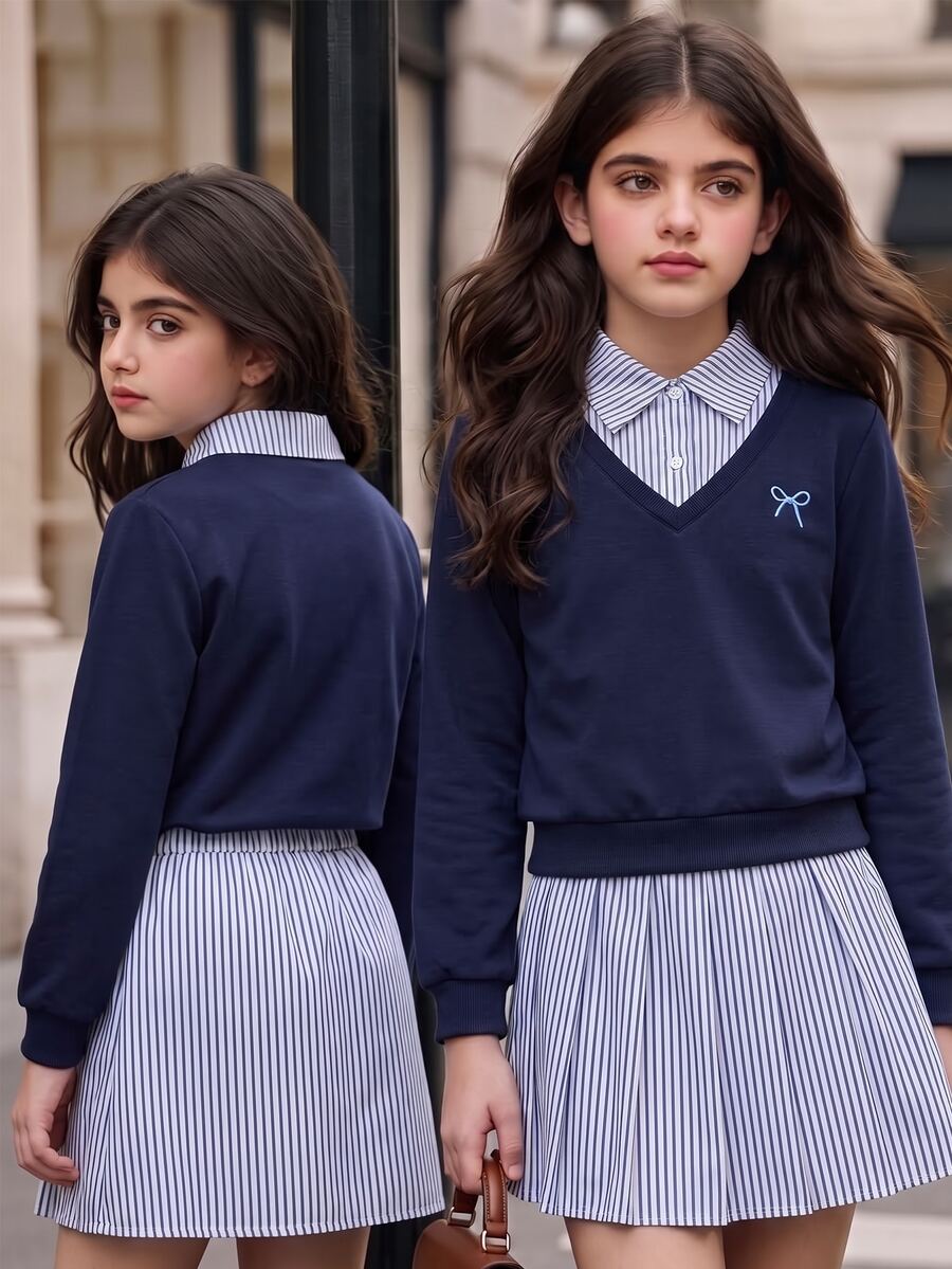 SHEIN Young Girls Casual Cute Matching College Style Spring/Autumn New Bowknot Striped Solid Color Long Sleeve 2 In 1 Sweatshirt + Pleated Skirt Set - Blue - View 1