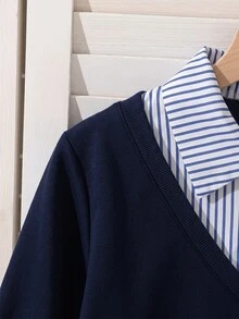SHEIN Young Girls Casual Cute Matching College Style Spring/Autumn New Bowknot Striped Solid Color Long Sleeve 2 In 1 Sweatshirt + Pleated Skirt Set - Blue - View 4