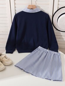 SHEIN Young Girls Casual Cute Matching College Style Spring/Autumn New Bowknot Striped Solid Color Long Sleeve 2 In 1 Sweatshirt + Pleated Skirt Set - Blue - View 2