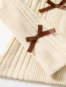 SHEIN 2pcs/Set Autumn/Winter New Fashion Elegant Girls Puff Sleeve Ribbed Knit Bow Decor Top T-Shirt + PU Leather 2 In 1 Skort, Casual Daily Outing Party Outfit - Brown - View 4