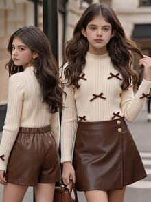SHEIN 2pcs/Set Autumn/Winter New Fashion Elegant Girls Puff Sleeve Ribbed Knit Bow Decor Top T-Shirt + PU Leather 2 In 1 Skort, Casual Daily Outing Party Outfit - Brown - View 1