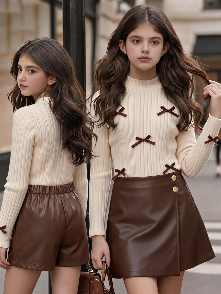 SHEIN 2pcs/Set Autumn/Winter New Fashion Elegant Girls Puff Sleeve Ribbed Knit Bow Decor Top T-Shirt + PU Leather 2 In 1 Skort, Casual Daily Outing Party Outfit - Brown - View 1
