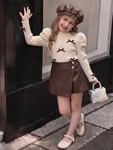 SHEIN 2pcs/Set Autumn/Winter New Fashion Elegant Girls Puff Sleeve Ribbed Knit Bow Decor Top T-Shirt + PU Leather 2 In 1 Skort, Casual Daily Outing Party Outfit - Brown - View 3