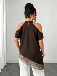 Elenzga Plus Size Women's Lace Patchwork Halter Neck Casual Versatile Daily Outing Blouse - Brown - View 2