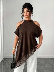 Elenzga Plus Size Women's Lace Patchwork Halter Neck Casual Versatile Daily Outing Blouse - Brown - View 7