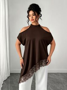 Elenzga Plus Size Women's Lace Patchwork Halter Neck Casual Versatile Daily Outing Blouse - Brown - View 4