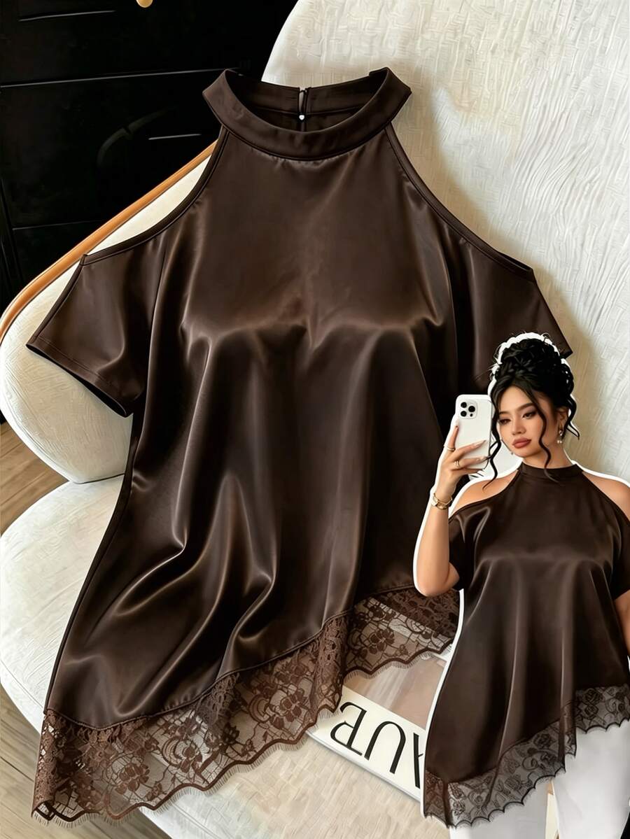 Elenzga Plus Size Women's Lace Patchwork Halter Neck Casual Versatile Daily Outing Blouse - Brown - View 1