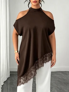 Elenzga Plus Size Women's Lace Patchwork Halter Neck Casual Versatile Daily Outing Blouse - Brown - View 5