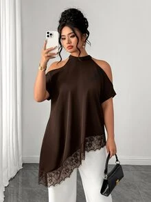 Elenzga Plus Size Women's Lace Patchwork Halter Neck Casual Versatile Daily Outing Blouse - Brown - View 6
