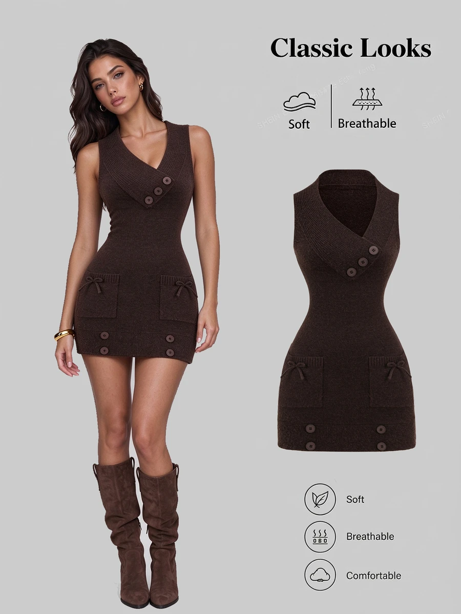 Sweetra American Vintage Brown Bodycon Sleeveless Knit Dress - Coffee Brown - View 1