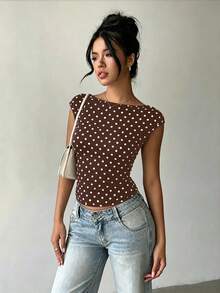 Aloruh Women's Polka Dot Print Boat Neck Cap Sleeve Casual T-Shirt - Brown - View 5