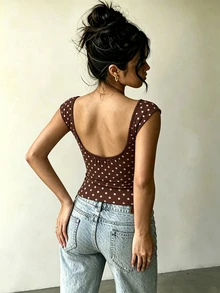 Aloruh Women's Polka Dot Print Boat Neck Cap Sleeve Casual T-Shirt - Brown - View 8