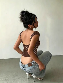 Aloruh Women's Polka Dot Print Boat Neck Cap Sleeve Casual T-Shirt - Brown - View 2