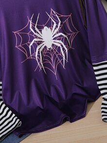 Teen Girl Fall Music Festival Street Style Basic Gothic Punk Striped Patchwork 2 In 1 Gothic Print Crew Neck Loose Long Sleeve T-Shirt, Cozy Fall & Winter Style, Halloween, Fashion, Y2K - Multicolor - View 4