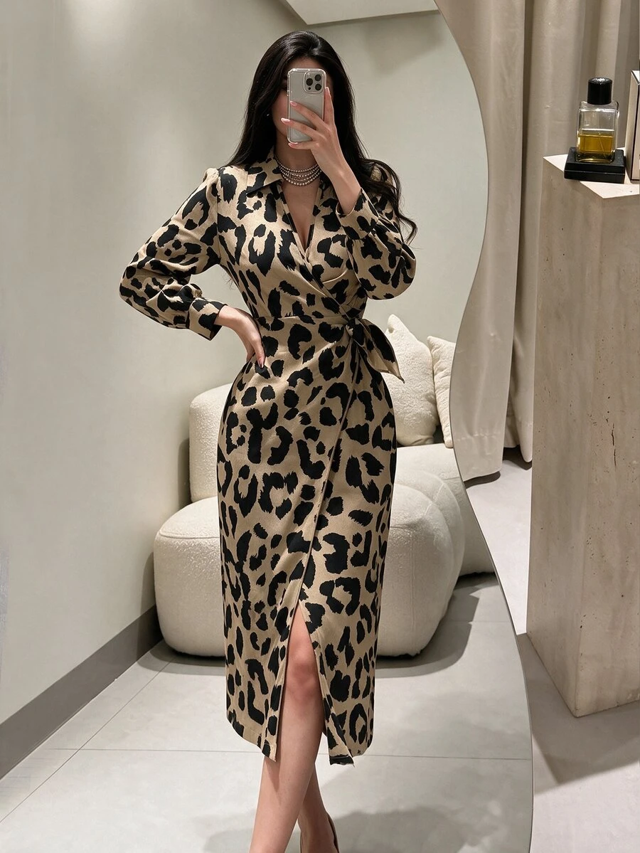 Modelyn Fashionable Leopard Print Wraparound Dress With Tie For Women,Elegant Black Brown Maxi Evening Dresses,Autumn Spring Work Outfit,Holiday Party Cloth - Khaki - View 1