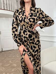 Modelyn Fashionable Leopard Print Wraparound Dress With Tie For Women,Elegant Black Brown Maxi Evening Dresses,Autumn Spring Work Outfit,Holiday Party Cloth - Khaki - View 6