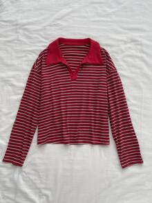 Attitoon Women's Casual Vacation Striped Colorblock Long Sleeve T-Shirt - Red - View 6