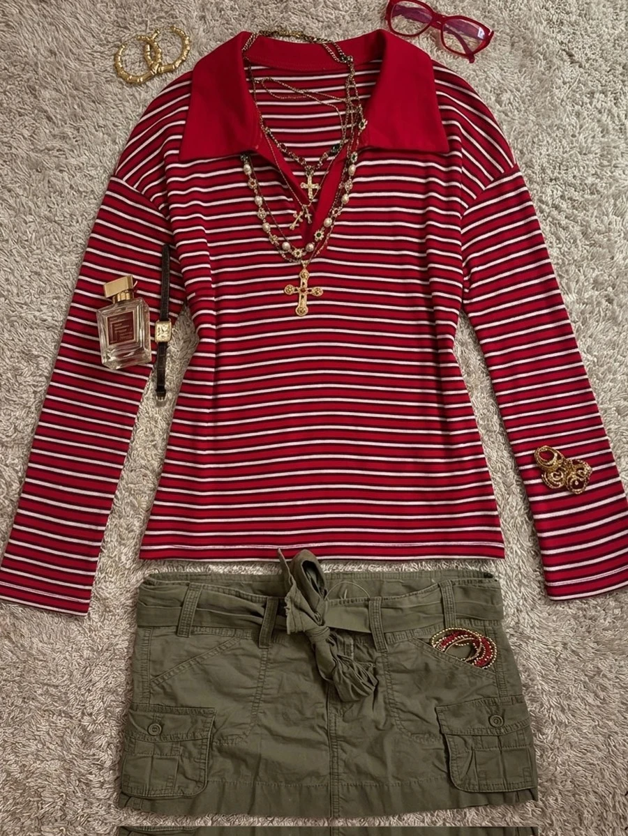Attitoon Women's Casual Vacation Striped Colorblock Long Sleeve T-Shirt - Red - View 1