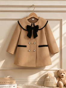 SHEIN Elladie kids Young Girls Vintage Overcoats, Robe Elegant Chic, Long Sleeve Tops, Fall, School 3D Bowknot And Double-Row Pearl Buttons - Khaki - View 6