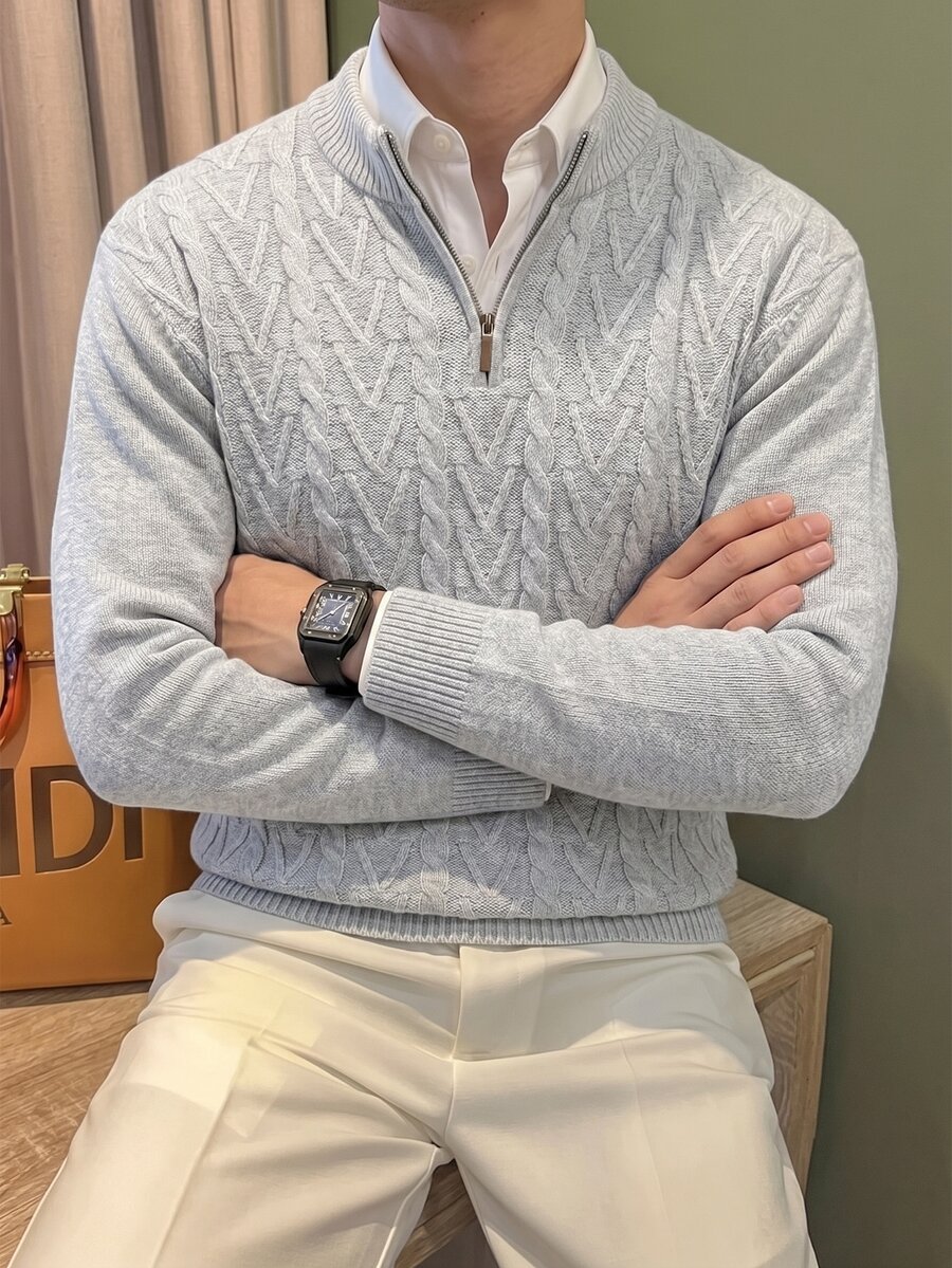 Manfinity CasualKnits 男士半高領長袖套頭毛衣，休閒針織秋冬款，淺灰色寬鬆版型時尚通勤百搭半拉鍊麻花編織套頭毛衣，老錢風