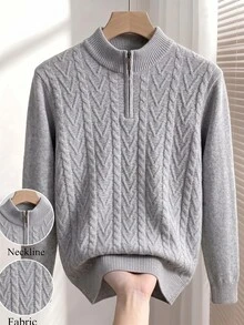 Manfinity CasualKnits 男士半高領長袖套頭毛衣，休閒針織秋冬款，淺灰色寬鬆版型時尚通勤百搭半拉鍊麻花編織套頭毛衣，老錢風 - 淺灰色 - 查看 4
