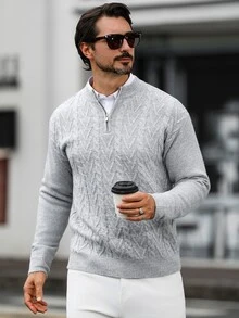 Manfinity CasualKnits 男士半高領長袖套頭毛衣，休閒針織秋冬款，淺灰色寬鬆版型時尚通勤百搭半拉鍊麻花編織套頭毛衣，老錢風 - 淺灰色 - 查看 7