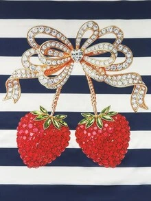 Resyla Women's Colorblock Striped Strawberry Print Round Neck T-Shirt - White - View 7