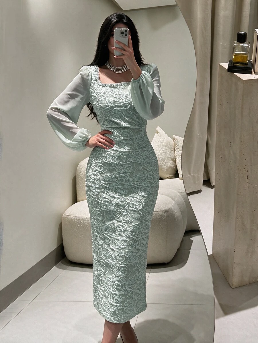 Seusyu Women's Apricot Color Block Chain Jacquard Waist Fitting Bodycon Dress Fall Cloth For Women - Green - View 1