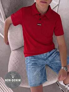 Tween Boy Casual Loose Fit Solid Color Polo Shirt And Shorts 2-Piece Set, Short Sleeve Collared Top, Suitable For Commuting, School, Daily Casual, Outings, Sports, Spring And Summer - Multicolor - View 2