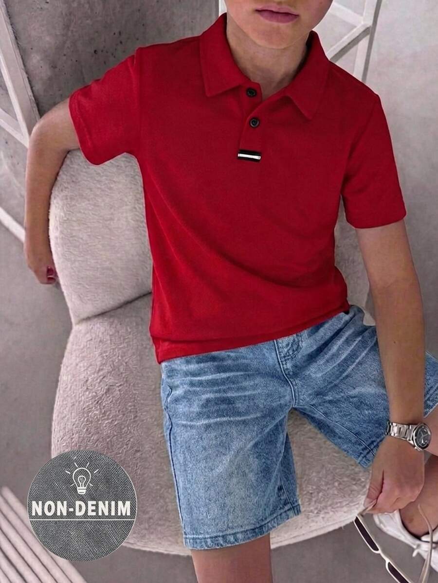 Tween Boy Casual Loose Fit Solid Color Polo Shirt And Shorts 2-Piece Set, Short Sleeve Collared Top, Suitable For Commuting, School, Daily Casual, Outings, Sports, Spring And Summer