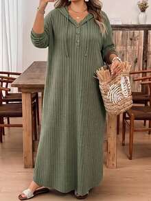 SHEIN CURVE+ فستان طويل بقلنسوة للنساء مقاس كبير 22W، خريف/شتاء - أخضر عسكري - مشاهدة 4