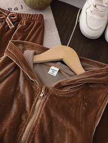SHEIN Vintaside Kids 女童天鵝絨連帽長袖外套與長褲套裝，適合秋冬穿著，時尚百搭，舒適好穿 - 棕色 - 查看 3