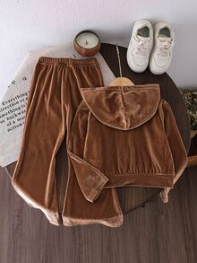 SHEIN Vintaside Kids 女童天鵝絨連帽長袖外套與長褲套裝，適合秋冬穿著，時尚百搭，舒適好穿 - 棕色 - 查看 2