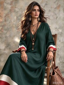 Linhara CURVE Plus Size Vacation Casual Racing Colorblock Navy Blue Dress Brunch Formal Autumn Fall - Green - View 3