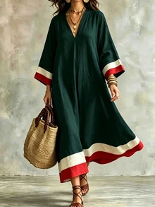 Linhara CURVE Plus Size Vacation Casual Racing Colorblock Navy Blue Dress Brunch Formal Autumn Fall - Green - View 1