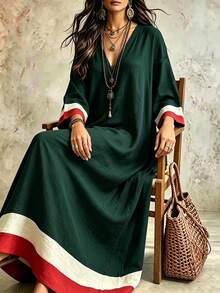 Linhara CURVE Plus Size Vacation Casual Racing Colorblock Navy Blue Dress Brunch Formal Autumn Fall - Green - View 4