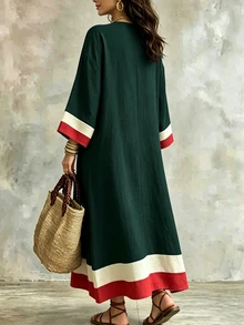 Linhara CURVE Plus Size Vacation Casual Racing Colorblock Navy Blue Dress Brunch Formal Autumn Fall - Green - View 2