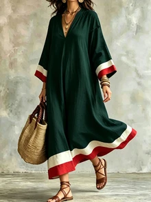 Linhara CURVE Plus Size Vacation Casual Racing Colorblock Navy Blue Dress Brunch Formal Autumn Fall - Green - View 6