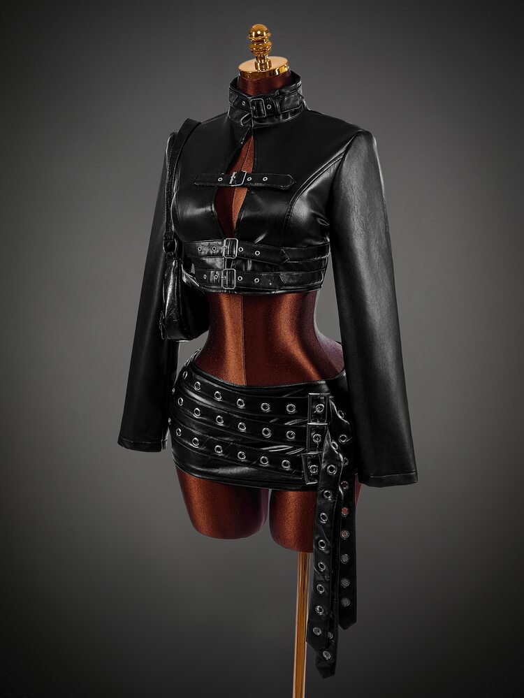 Amplova Women's Autumn/Winter Fashion Solid Color Stand Collar Belt Metal Eyelet Cropped Jacket PU Style Suitable For Autumn/Winter Outfits - Black - View 8